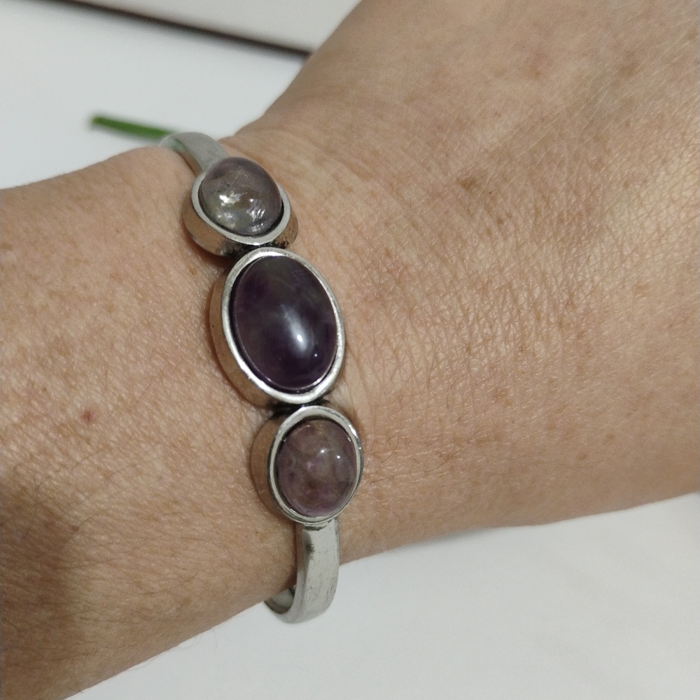 Boho Open Silver Cuff Bracelet with Cat Eye Style Lilac Stones | 7”